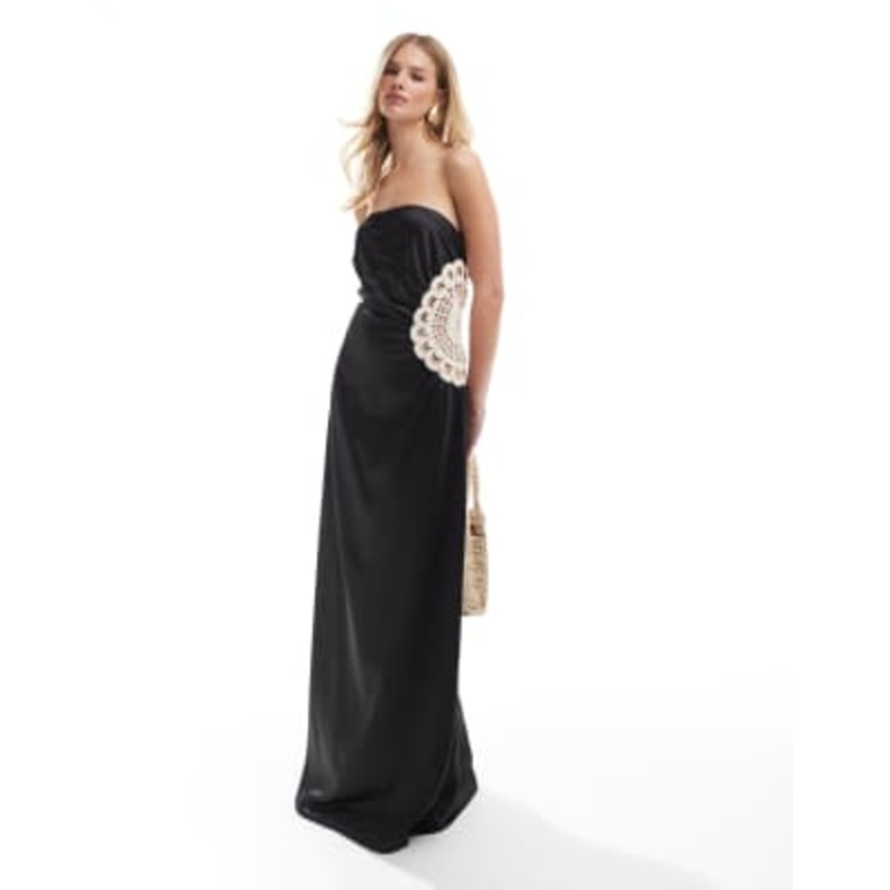 4th & Reckless satin bandeau crochet insert maxi dress in black