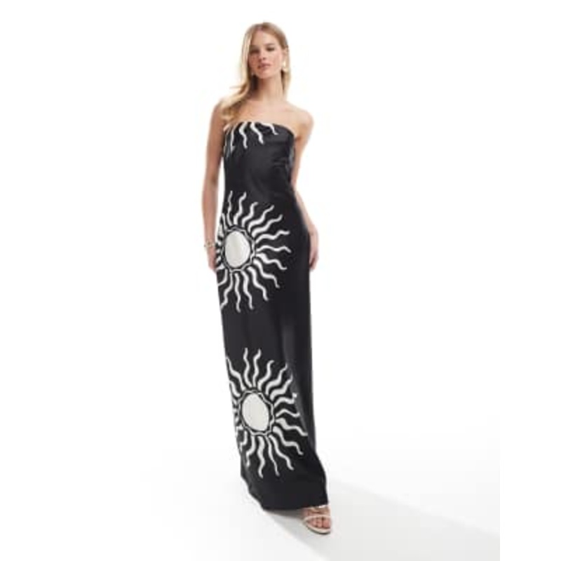 4th & Reckless satin bandeau maxi dress in mono contrast sun print