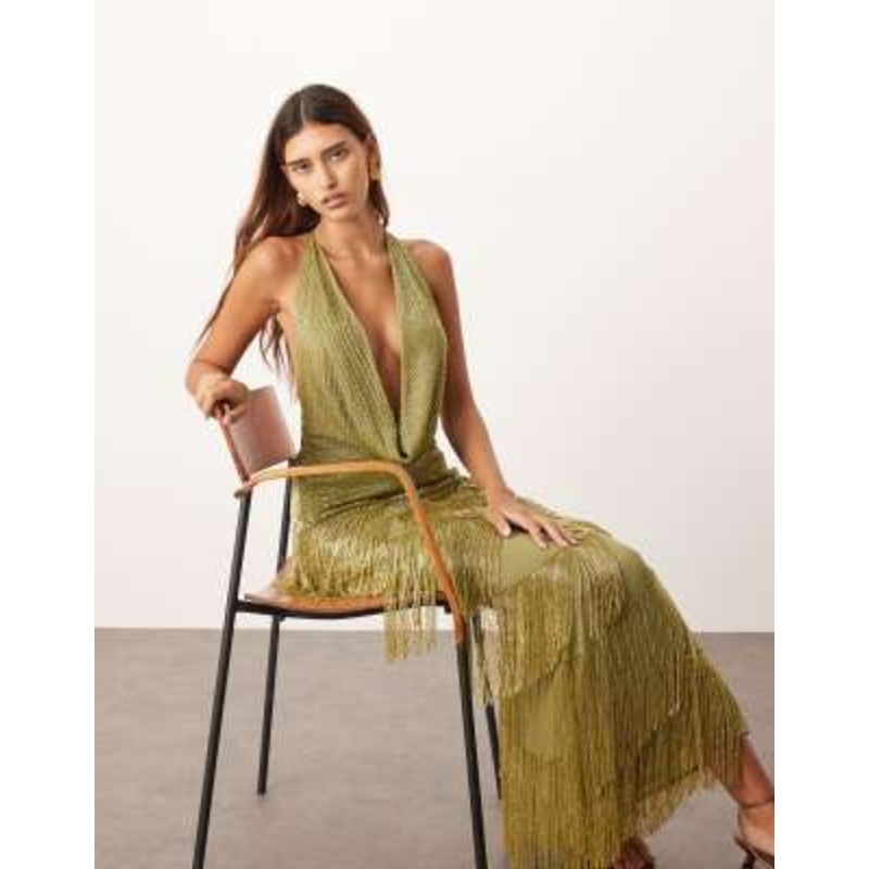 ARRANGE beaded fringe plunge cowl neck maxi dress in olive