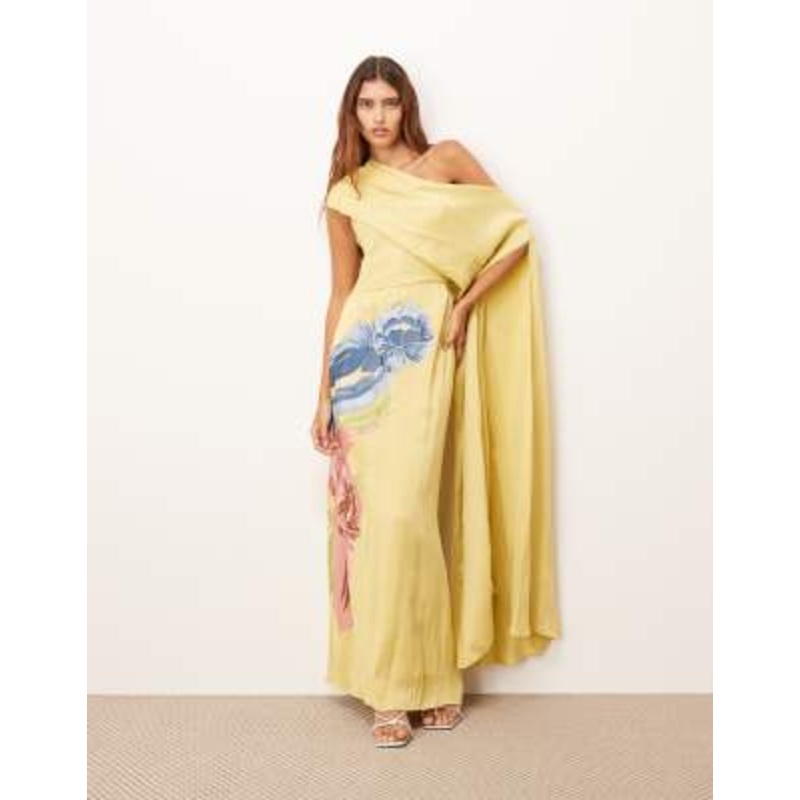 ARRANGE distorted floral embroidered fallen shoulder drape maxi dress in olive