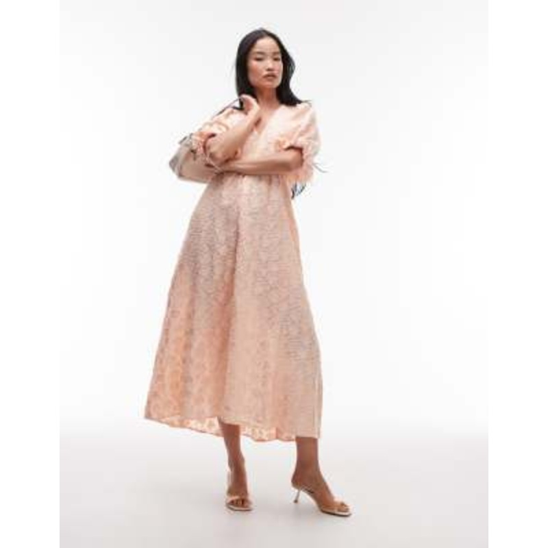 & Other Stories 3D sheer jacquard maxi dress with volume sleeves in light orange