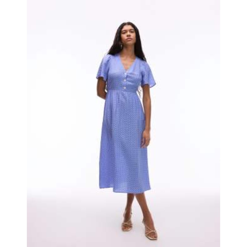 & Other Stories flutter sleeve midaxi dress in blue and white dot print