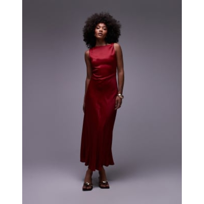 & Other Stories satin crepe midi dress with drape neck in red