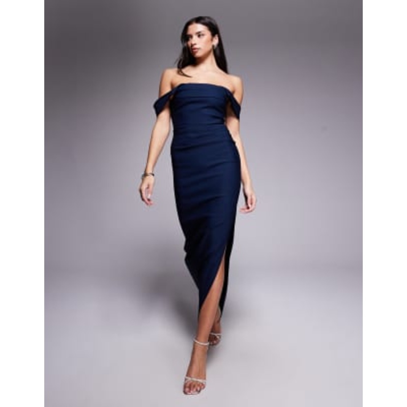 Vesper bengaline off shoulder ruched waist detail side split maxi dress in navy
