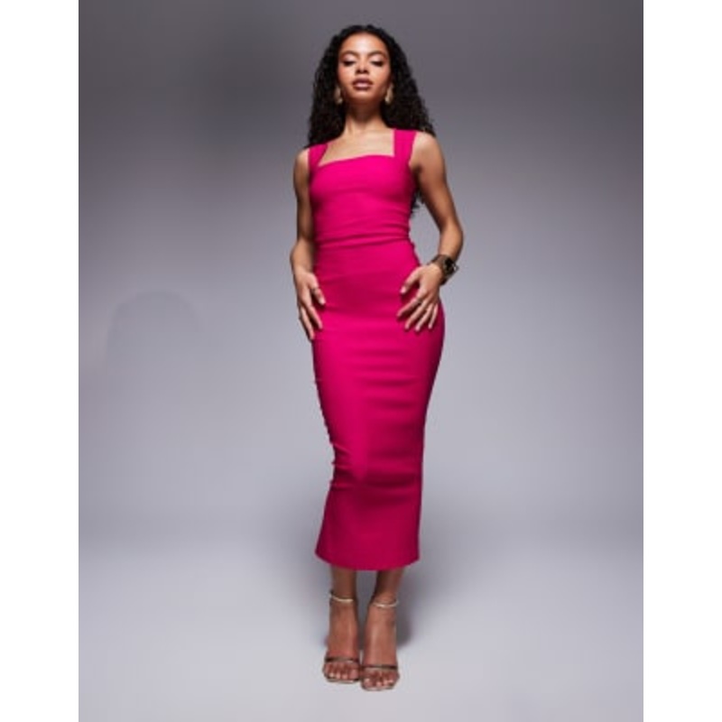 Vesper Petite bengaline square neck thick strap midaxi dress in cerise