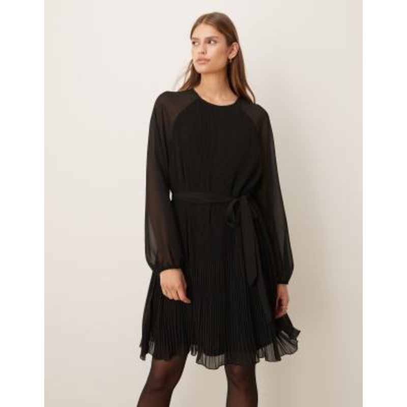 VILA plisse tie front mini dress in black