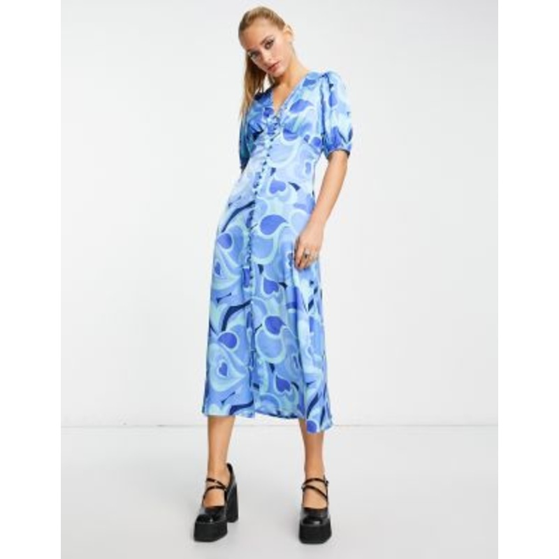Violet Romance satin button front tie back midi dress in blue swirl print