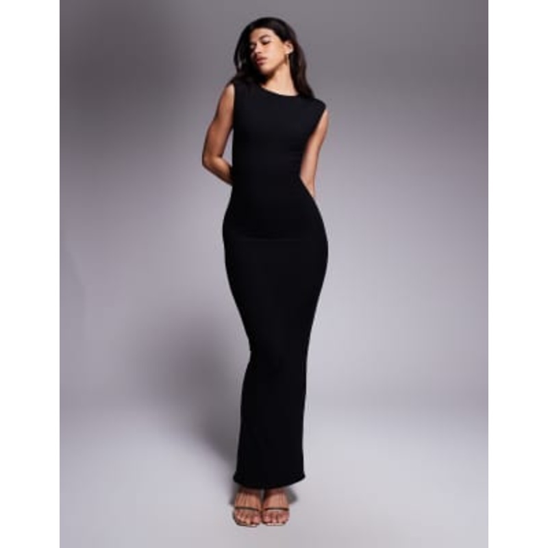 Wander Doll Naomi sculpting sleeveless shoulder pad detail bodycon maxi dress in black