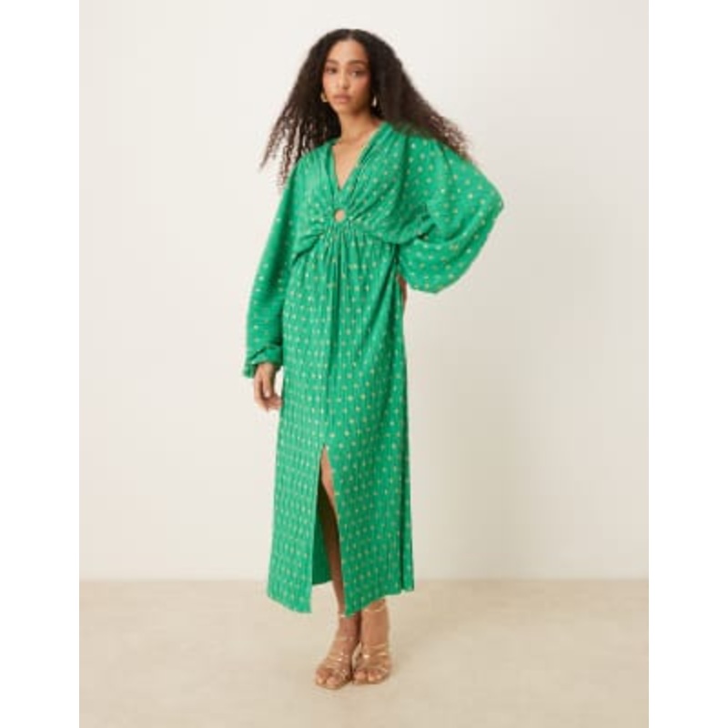 YAS foil polka dot plisse blouson sleeve maxi dress in green