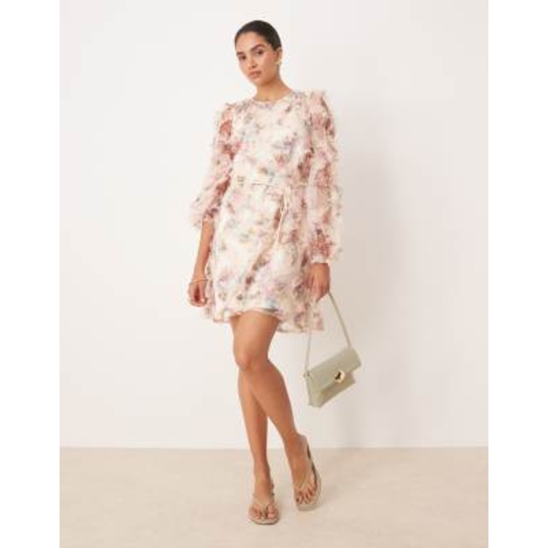 YAS long sleeve textured mini dress in blurred floral print