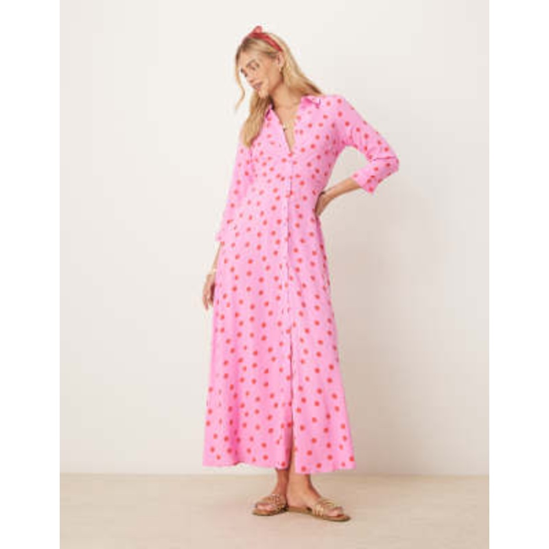 YAS maxi shirt dress in pink and red polka dot print