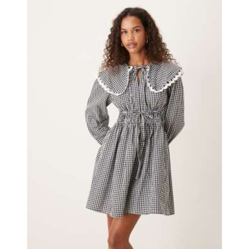 YAS tie detail collared mini dress in black and white plaid
