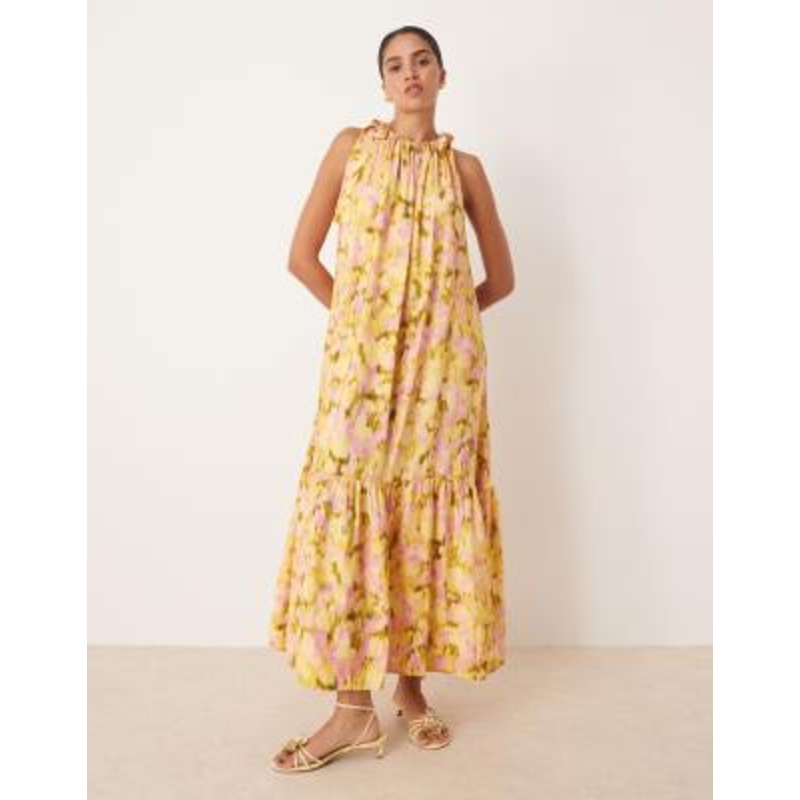 YAS tie shoulders tiered hem detail maxi dress in pink and green blurred floral print