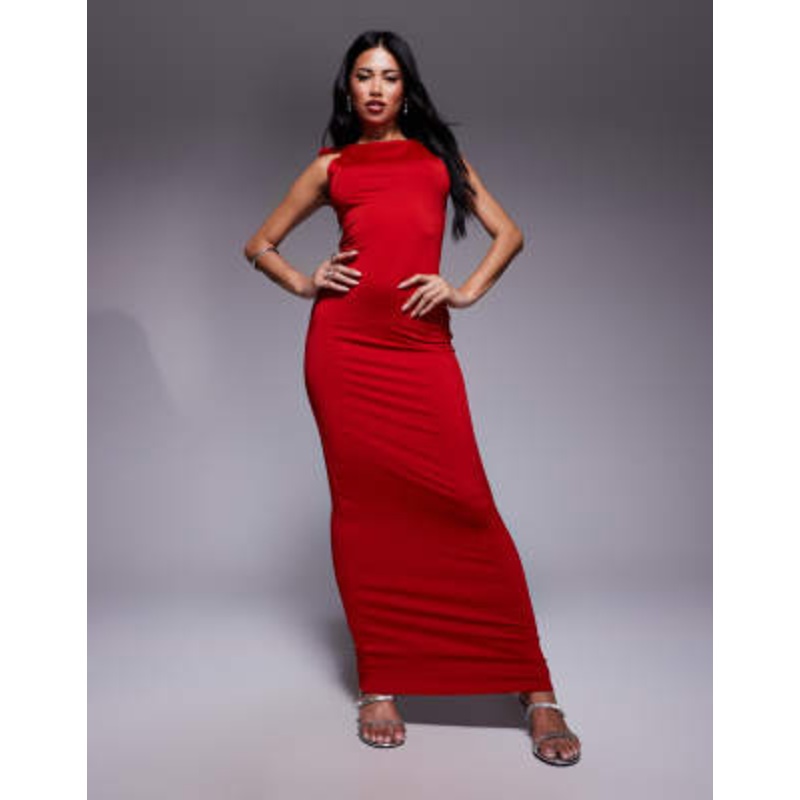 Aria Cove double sculpted slinky tie shoulder detail bodycon maxi dress in red