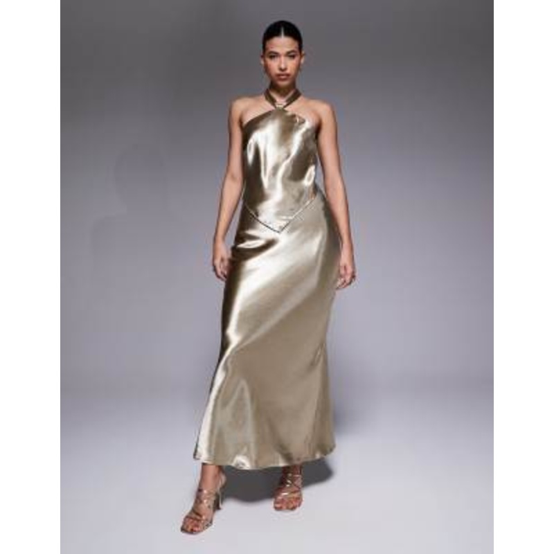 Aria Cove hammered satin knot front halterneck scarf hem detail maxi dress in gold