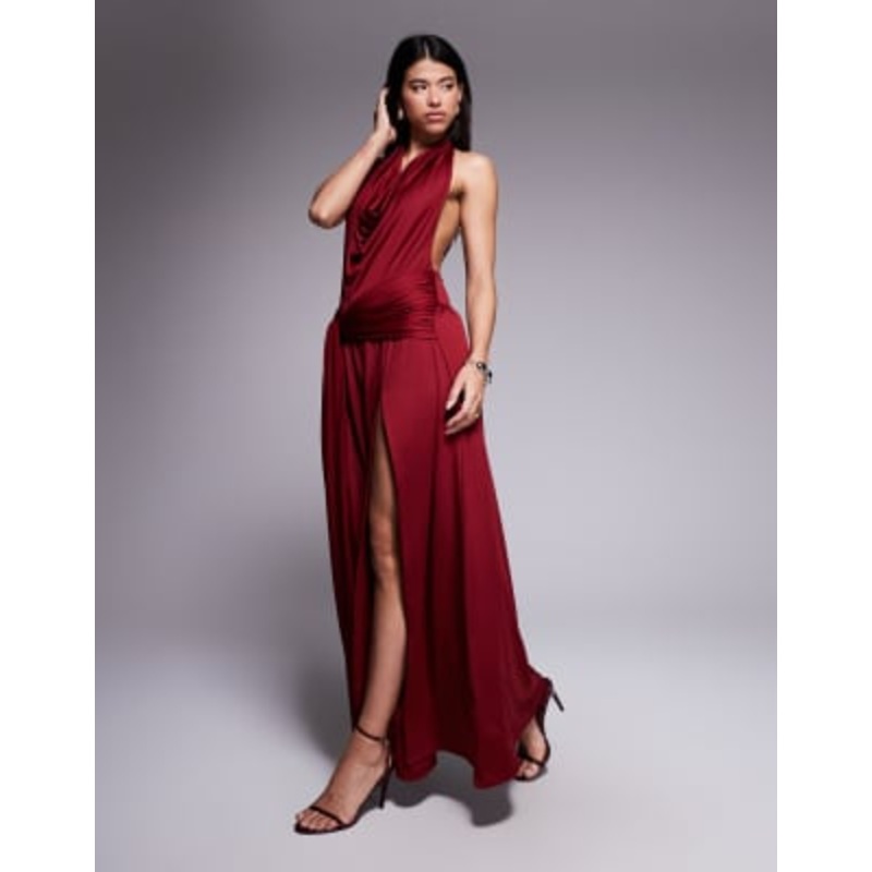 Aria Cove slinky cowl neck exposed back drape front detail thigh slit maxi dress in burgundy