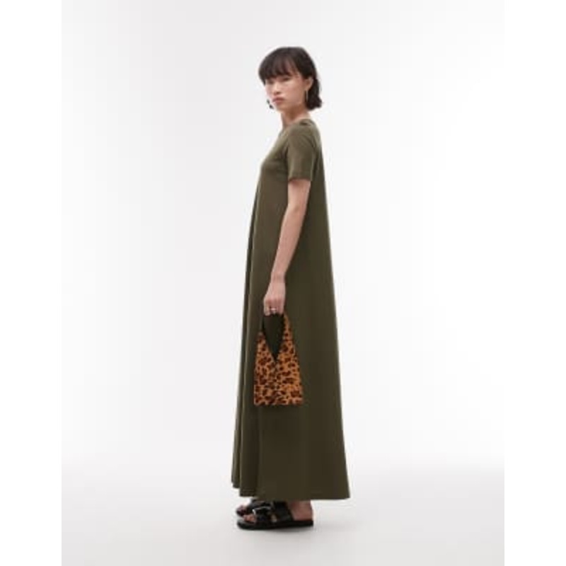 ARKET pure cotton column maxi dress with short sleeves in khaki green