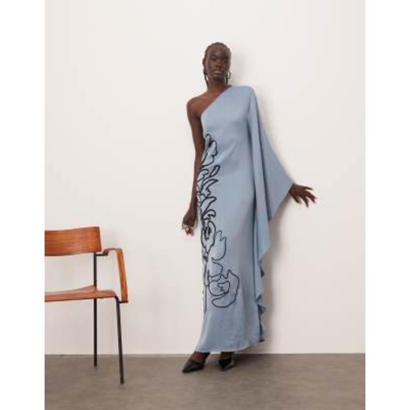 ARRANGE contrast embroidered floral one shoulder maxi dress in blue
