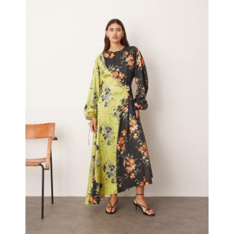 ARRANGE crinkle satin long sleeve maxi dress with trim in color block floral print