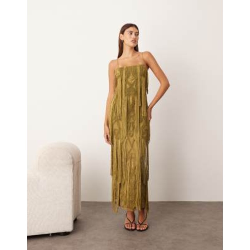 ARRANGE geo fringe cami column maxi dress in moss green