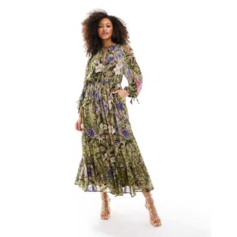 & Other Stories drapey midaxi dress with ruched tie volume sleeves and tiered hem in floral leaf print