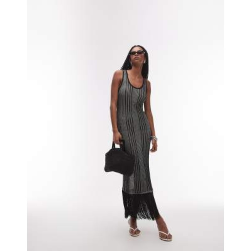 & Other Stories knit midi dress with fringed tassel hem detail in two-tone black