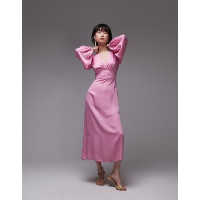 & Other Stories midi dress with side slits and volume sleeves in pink