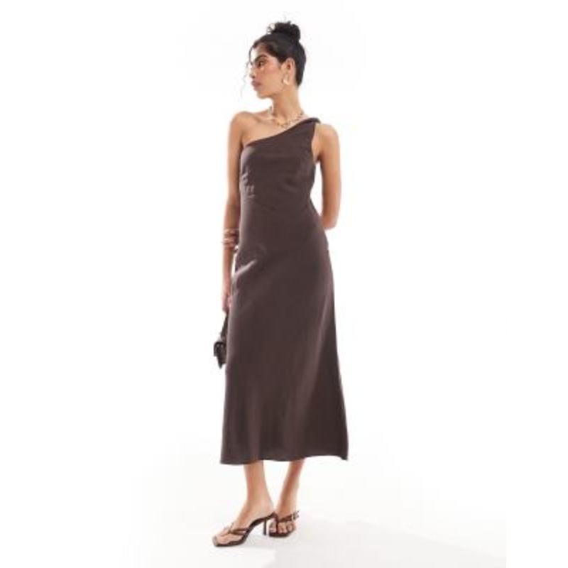 & Other Stories one shoulder linen mix midi dress with twisted strap detail in dark brown