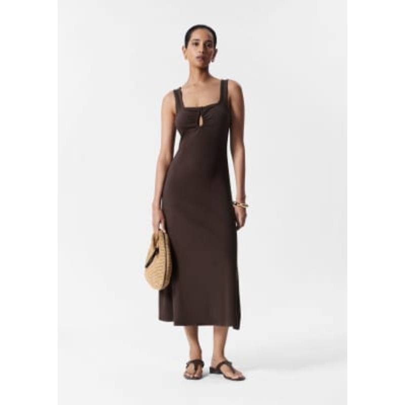 & Other Stories ribbed jersey midaxi dress in brown with metal decorative clasp