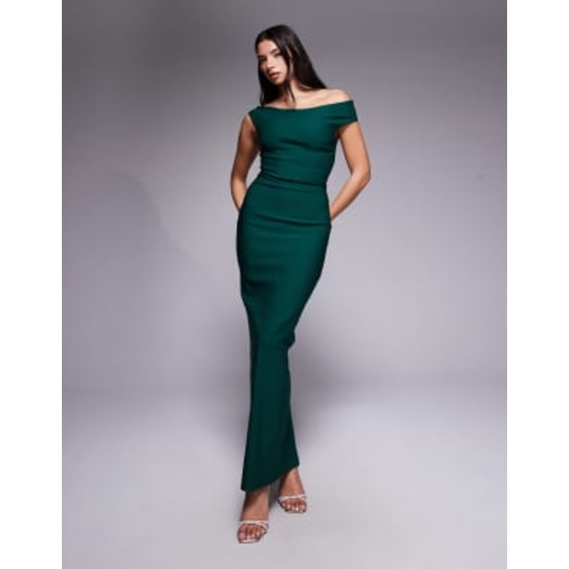 Vesper bengaline off shoulder maxi dress in forest green
