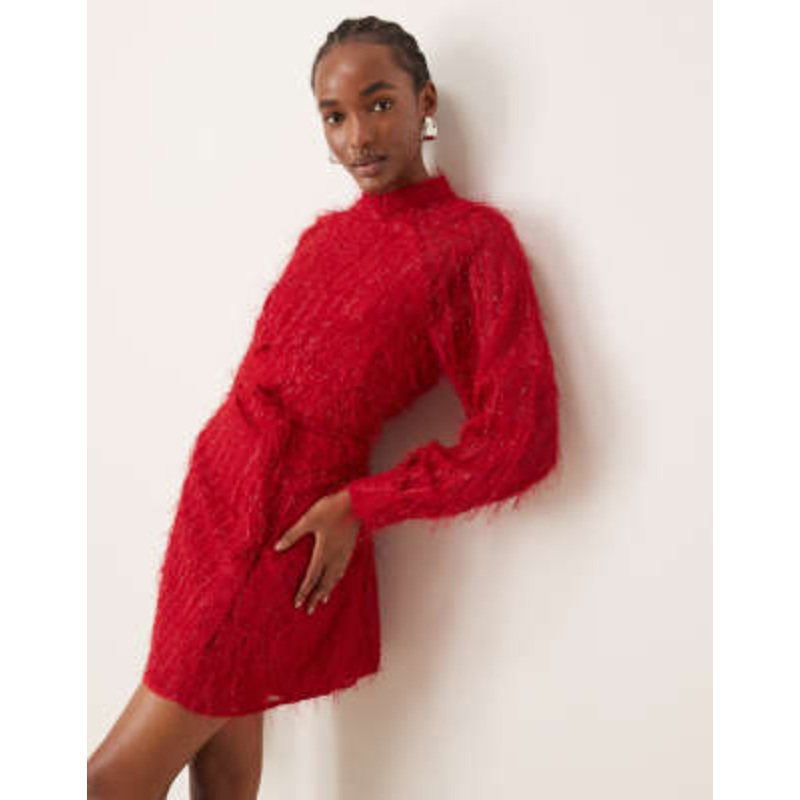 Vila fluffy textured tie waist mini dress in red