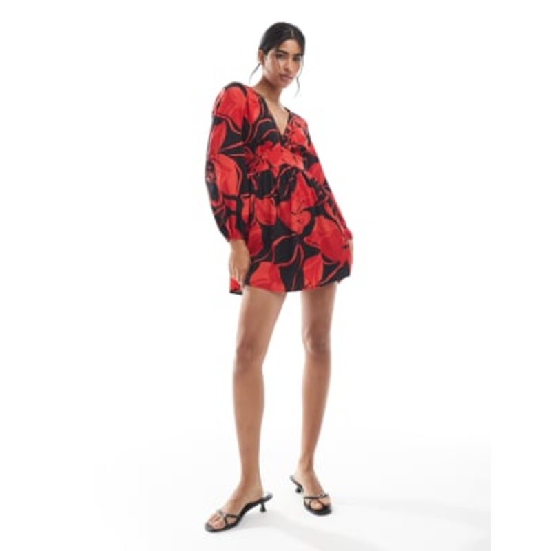 Wednesday’s Girl bold bloom V-neck mini dress in red and black
