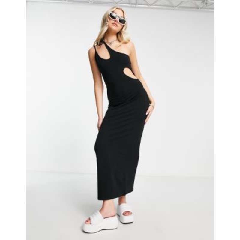 Weekday one shoulder cut out midi dress in black