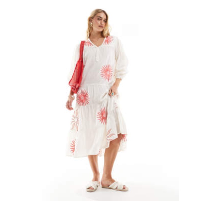 Accessorize puff sleeve midi beach dress in summer sun print