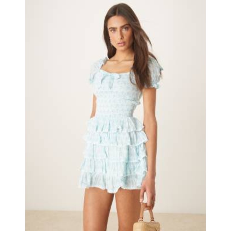 Amy Jane London Darcy tie-detail tiered mini dress in blue ditsy gingham