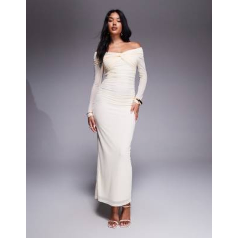 Aria Cove mesh twist front off the shoulder midaxi dress in cream