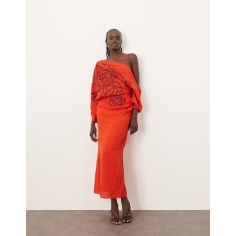 ARRANGE linear embroidered floral slouchy shoulder drape midi dress in red