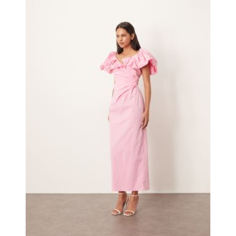 ARRANGE off the shoulder ruched puff sleeves maxi dress in pink