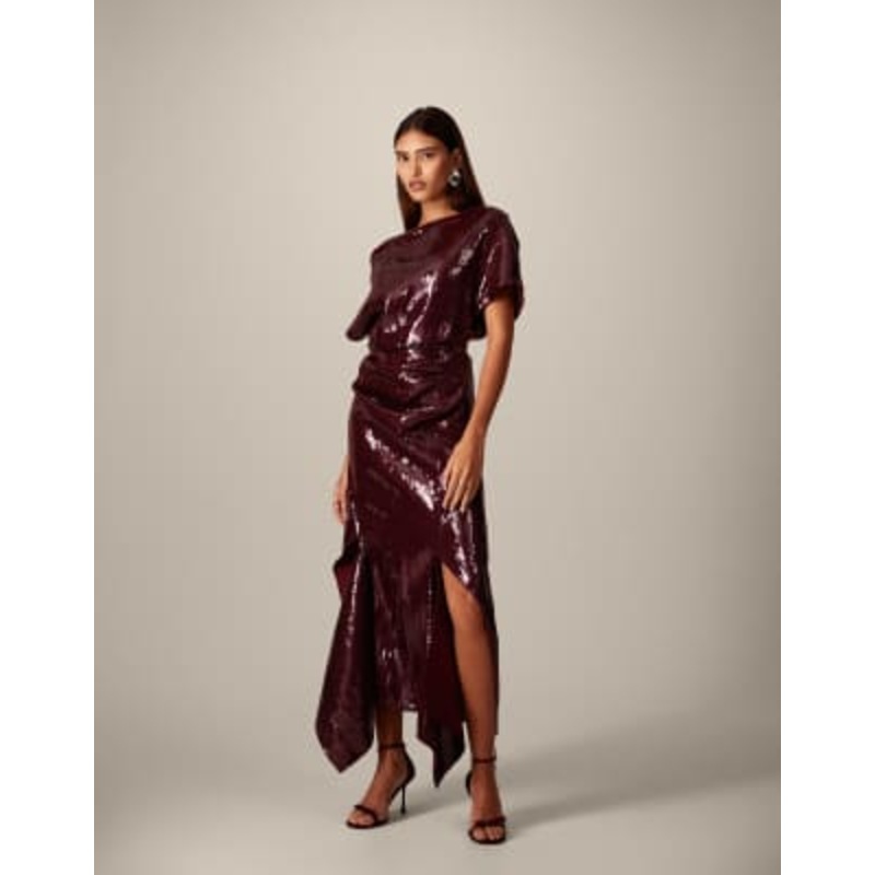 ARRANGE sequin draped bodice square cut hem maxi dress in red