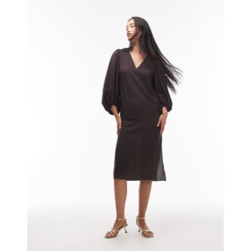 & Other Stories midi dress with volume sleeves in brown