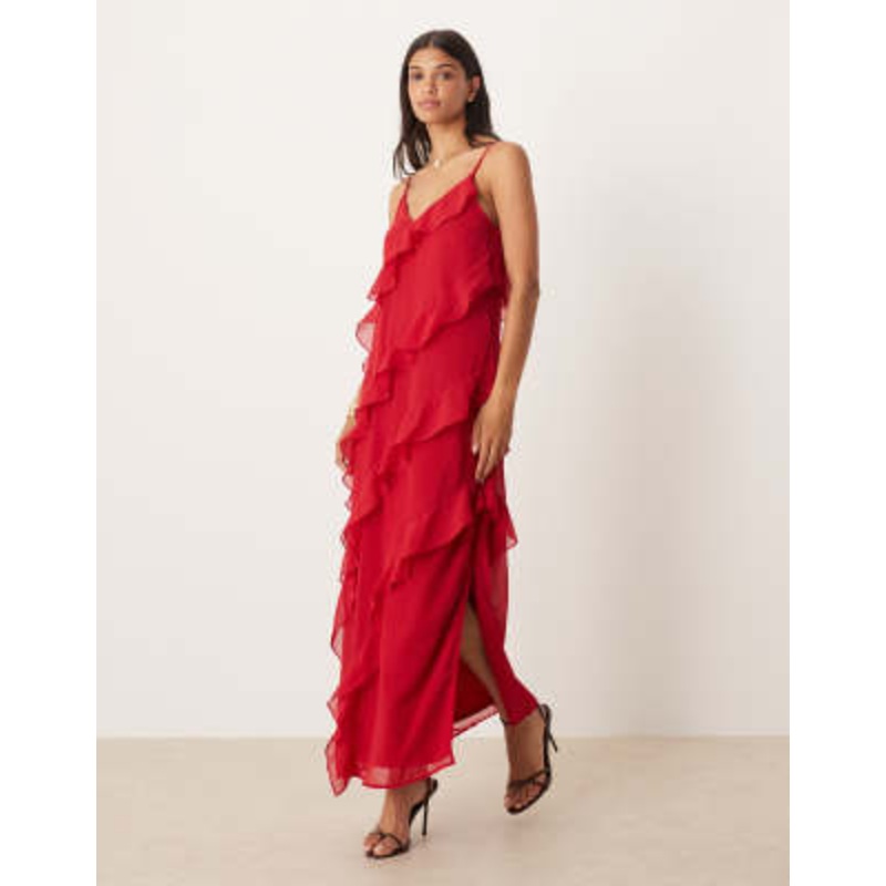 Vila cami frill maxi dress in red