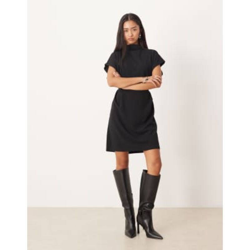Vila high neck tie waist mini dress in black