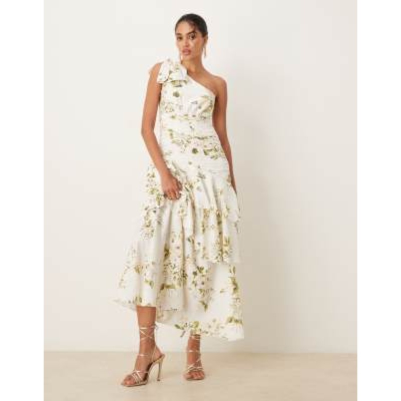 VILA premium one-shoulder statement ruffle maxi dress in cream floral print
