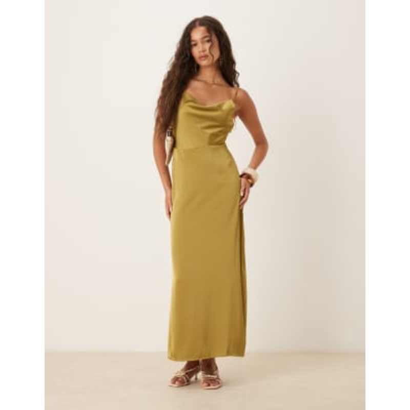 Vila satin cowl neck maxi dress in olive green