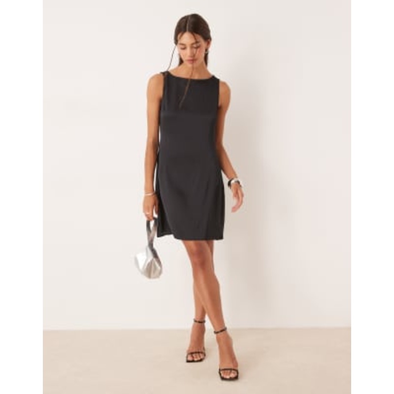 VILA slash neck satin mini dress in black