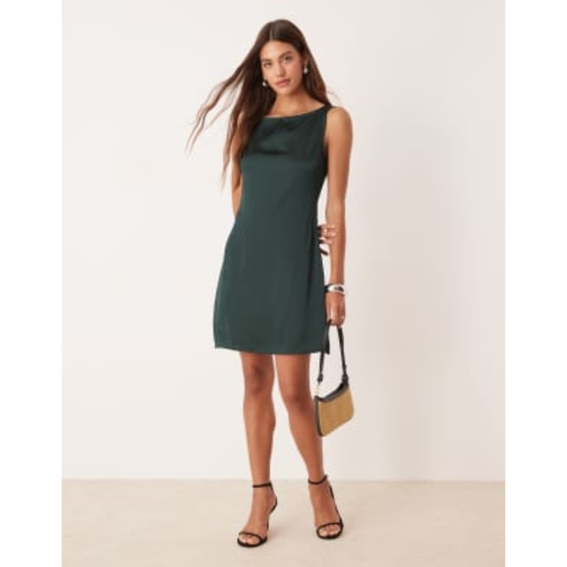 VILA slash neck satin mini dress in dark green