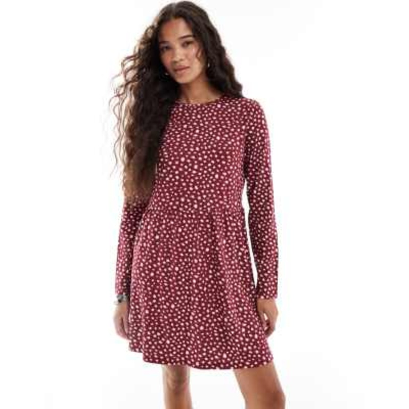 Wednesday’s Girl long sleeve smudge polka dots mini dress in burgundy pink