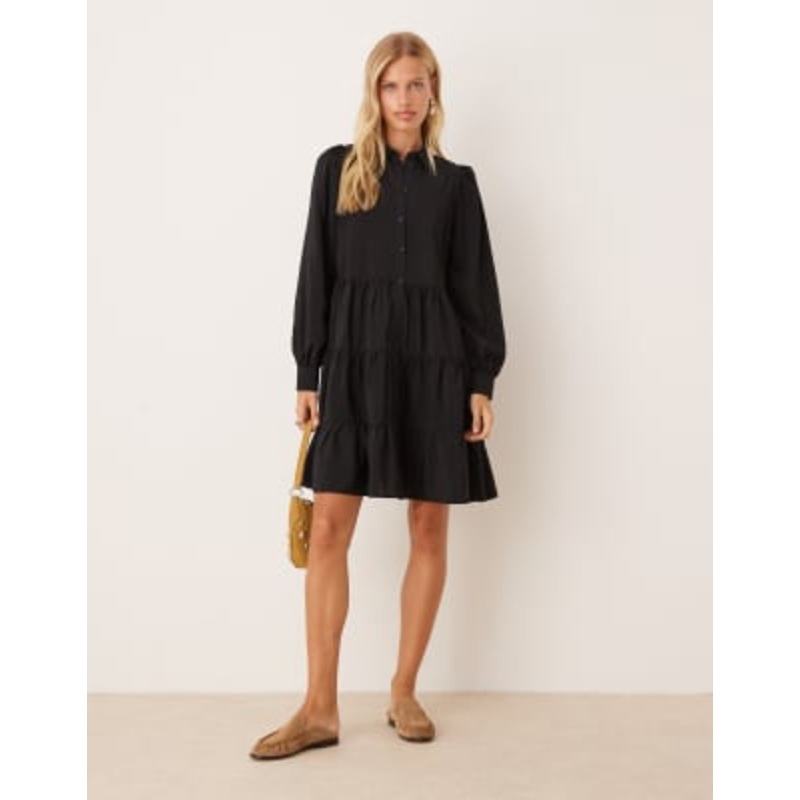 YAS long sleeve tiered mini shirt dress in black