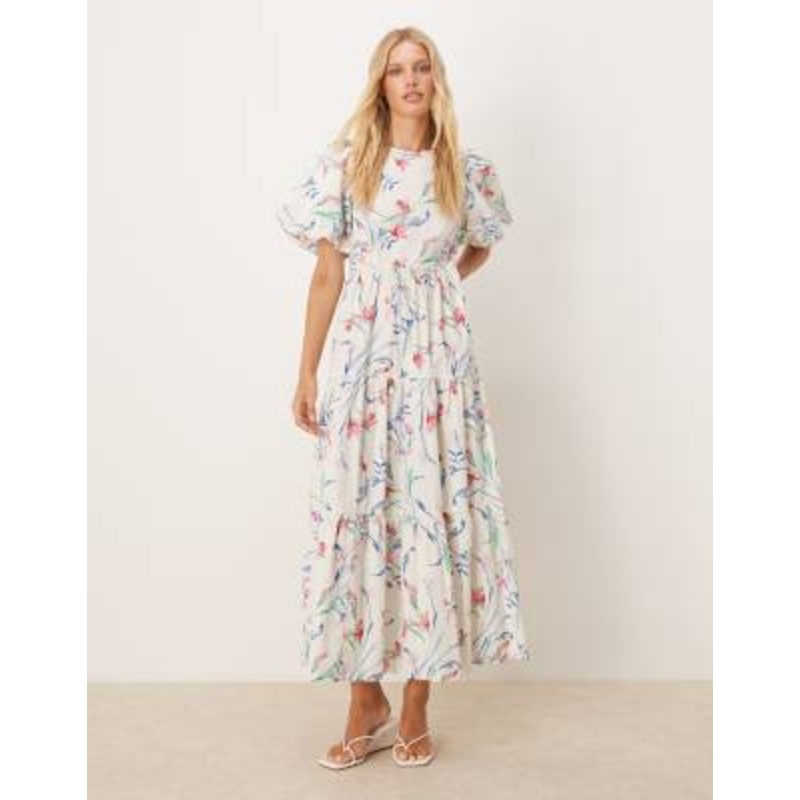 YAS puff sleeve floral midi dress in cream