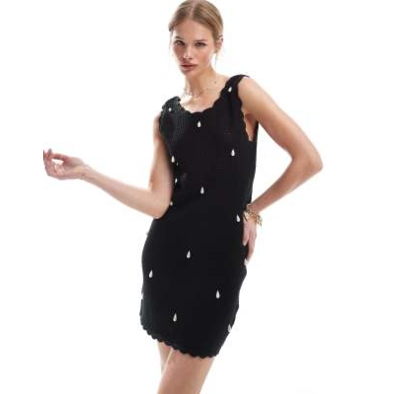 4th & Reckless crochet pearl embellished scallop trim mini beach dress in black